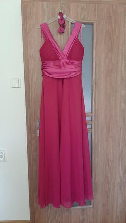 Krásne cyklámenové šaty s vlečkou + motýlik, 38