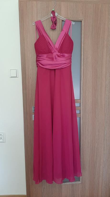 Krásne cyklámenové šaty s vlečkou + motýlik, 38