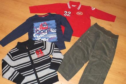 Nohavice, 2x tricko, sveter, super stav, 104–116