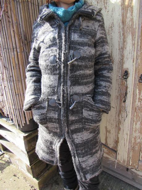 Melírovaný prechodný vlnený kabát s kapucňou, s