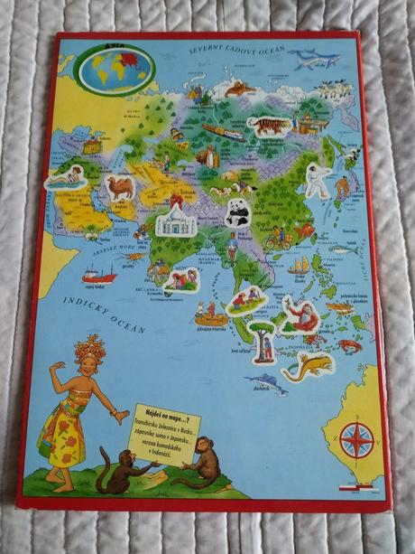 Retro detský atlas s nálepkami okolo sveta,