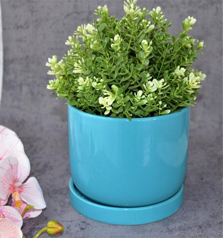 Tyrkysový kvetináč s miskou, 