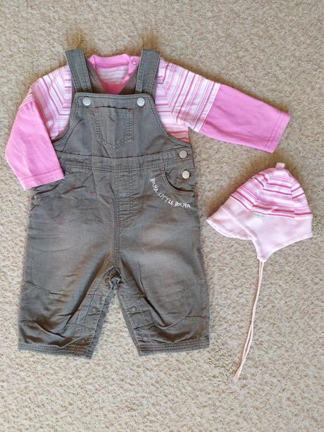 Menčestrové nohavice na traky 62/68 +tričko,čiapka, 62