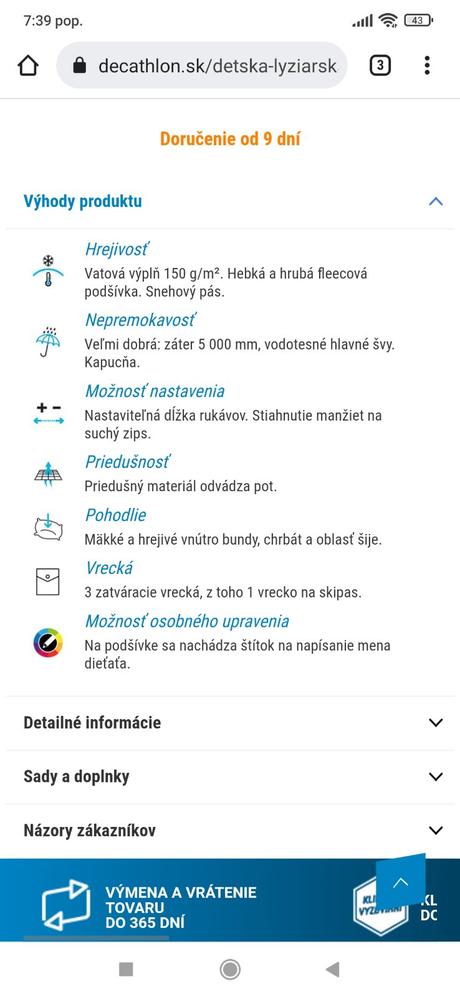 Chlapčenská lyžiarska bunda wedze a rukavice, decathlon,104