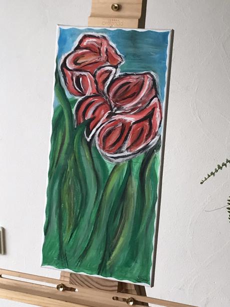 Ručne maľovaný obraz  červené tulipány, 