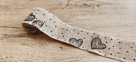 Stuha jutová 60 mm -potlač srdiečka - cena za 1,80, 