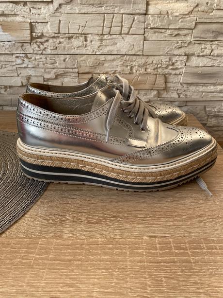 Prada silver leather lace-up derby shoe 38.5, prada,38