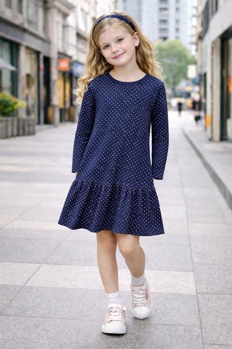 Dievčenské šaty s bodkami tmavomodré, 128 / 158