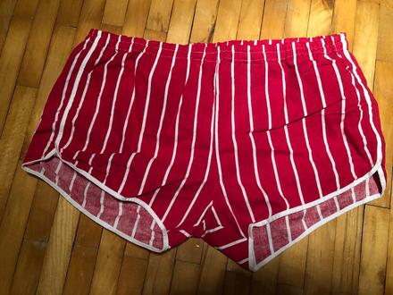 Trenky retro cervene na pasiky s vreckom vzadu xl, xl