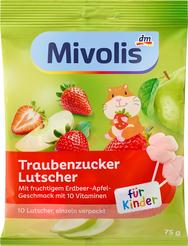 Mivolis Lízanky z hroznového cukru s 10 vitamínmi, príchuť jahoda & jablko, 10 lízaniek × 7,5 g, 75 g