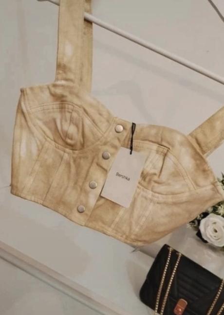 Bershka denim corset crop top beige, bershka,34 / xs