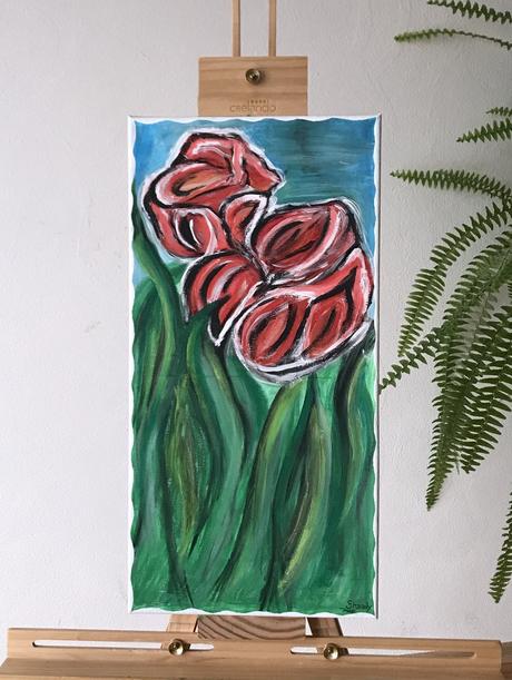 Ručne maľovaný obraz  červené tulipány, 