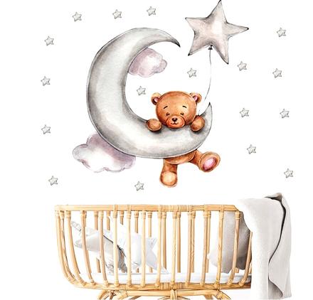Nálepka na stenu - spiaci macko na mesiaci, 