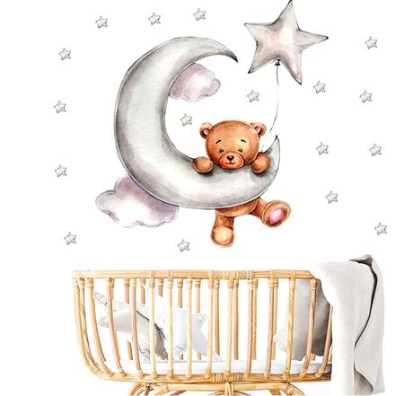 Nálepka na stenu - spiaci macko na mesiaci, 