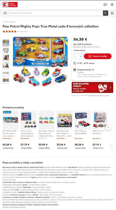 Paw patrol kovové autíčka,