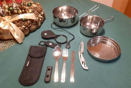 Predám nerezový 3-dielny ešus+príbor+kompas a lupy,