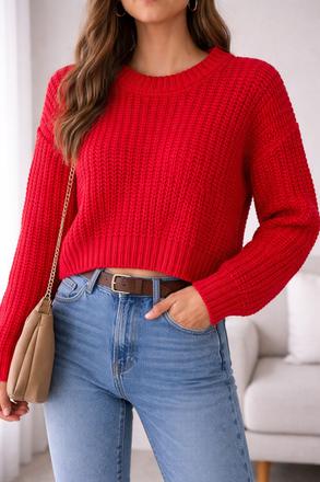 Dámsky červený pletený sveter kratší strih, s