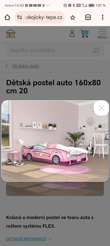 Krásna detská postieľka auto hello kitty, šírka (cm): 160,dĺžka (cm): 80