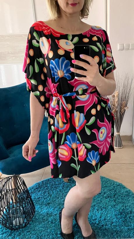 Oversize netopierie šaty s opaskom kvetované, l / m / s / xl