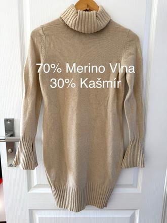 Luxusný béžový sveter / šaty s rolak kašmír merino, s