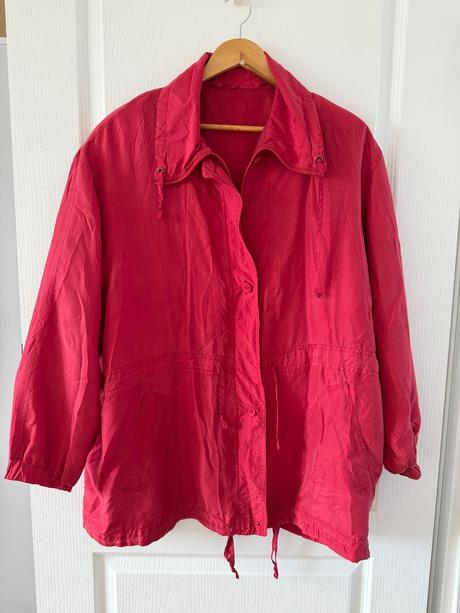 Hodvábna bunda parka vintage, malinovo červená,,