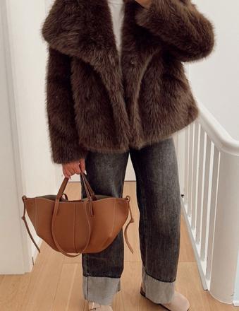 Hnedý kožušinový kabát zoie, l / m / s / xl