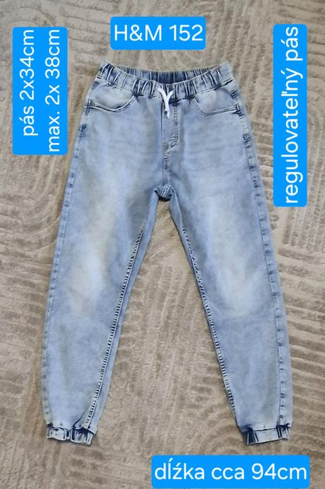 Jeansy 152 v páse na gumu len vypraté, h&m,152
