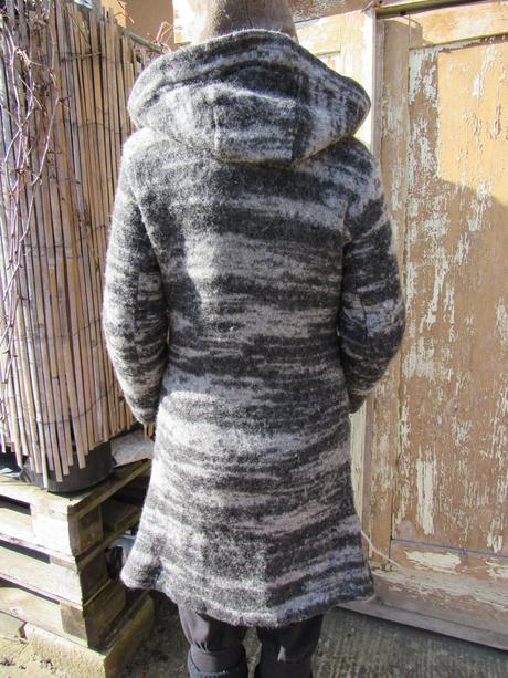 Melírovaný prechodný vlnený kabát s kapucňou, s