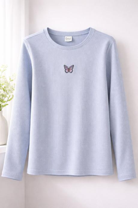 Dievčenské bledomodré rebrované tričko s motýlikom, coolclub,134 / 146 / 152 / 158 / 164