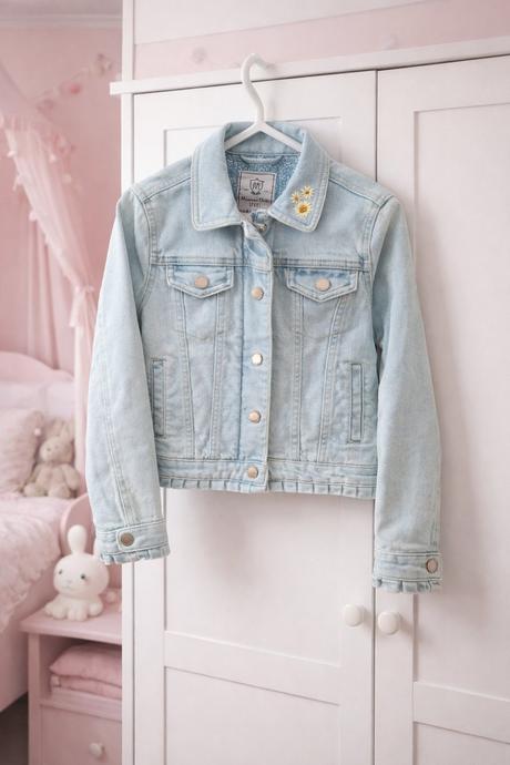 Riflová bunda s ručne vyšívanou slnečnicou, 122