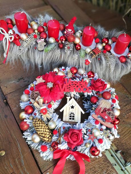 Vianočný set veniec + svietnik červený, 