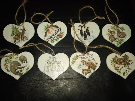 Vianočné ozdoby srdiečka zvieratká,