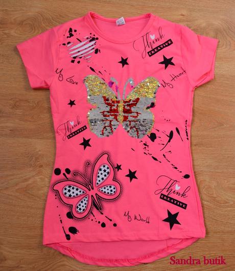 Detské tričko bavlnené flitrované meniaci motýľ, 104 - 170