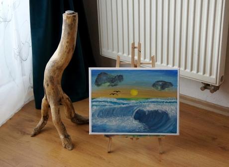 Ručne maľovaný obraz   morská vlna, západ slnka, 