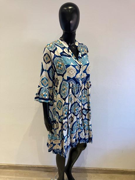 Vzorované šaty s 3/4 rukávom a volánom modré, l / m / s / xl