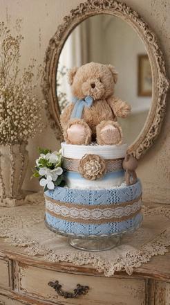 Plienková torta s medvedíkom v jemnom vintage štýl,