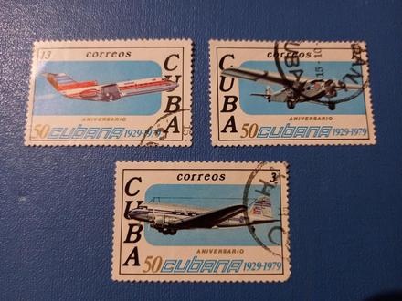 Poštové známky 3 ks kuba 1979 lietadlá, 