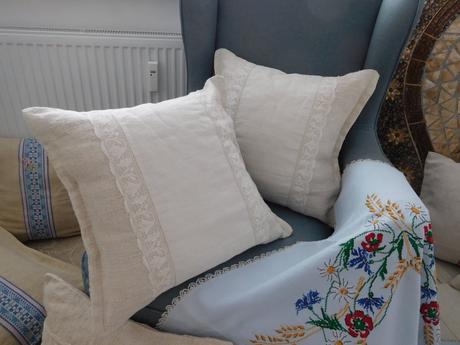 Vankúše z ľanového plátna , obrus starodávny, 