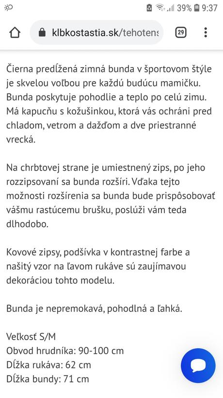 Tehotenská bunda na zimu veľ. s/m, s