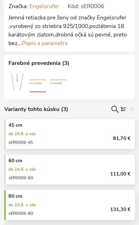 Pozlátená strieborná retiazka engelsrufer 80 cm, 