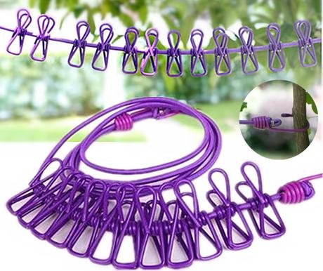 Multifunkčná výsuvná šnúra na bielizeň s 12 klipmi,