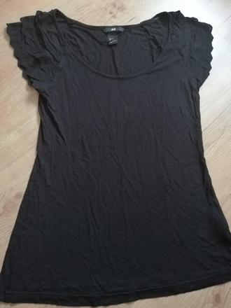 Jednoduché čierne tričko s volánovým rukávom, h&m,s