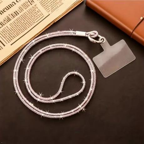 Luxusná štrasová šnúrka na telefón s diamantovým e, 