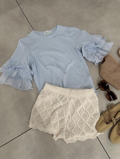 Svetlomodré tričko s volánikmi na rukáve, h&m,xs