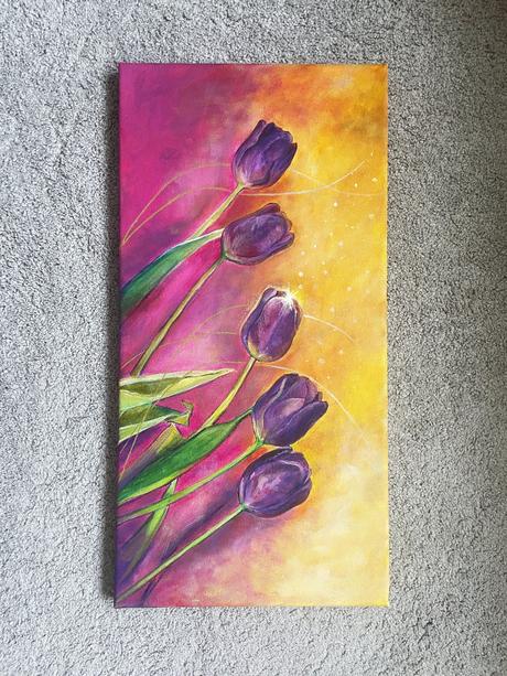 Tulipány, originálna akryl. maľba na plátne 30x60, 