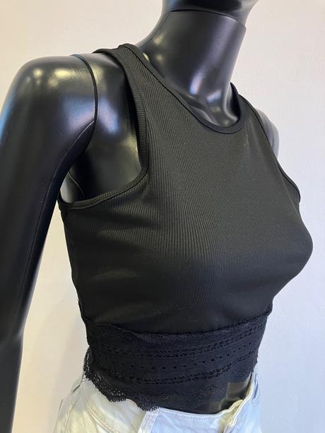 Dámske rebrované tričko s čipkou čierne shein (xs), xs