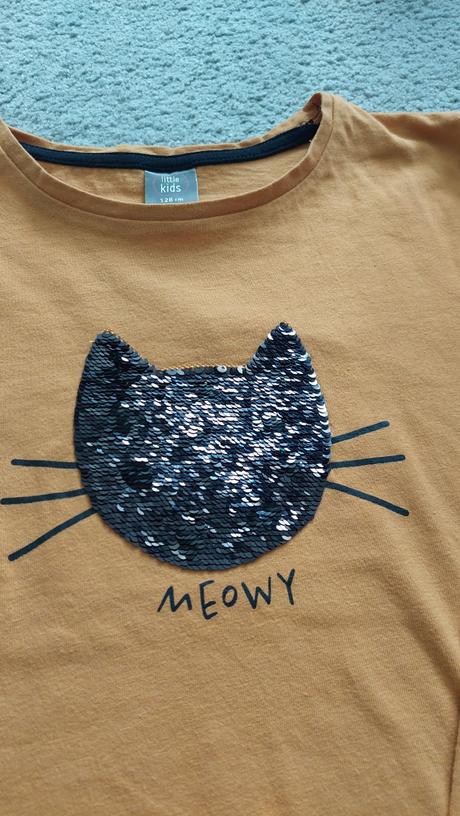 Žlte tričko s mačkou a flitrami, 128