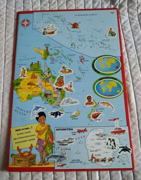 Retro detský atlas s nálepkami okolo sveta,