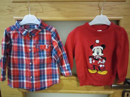 Pletený mickey mouse sveter a h&m košeľa, baby club,80