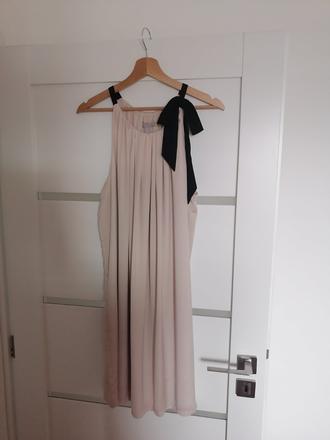 Béžové/krémové šaty s čiernou mašlou pri krku, h&m,l
